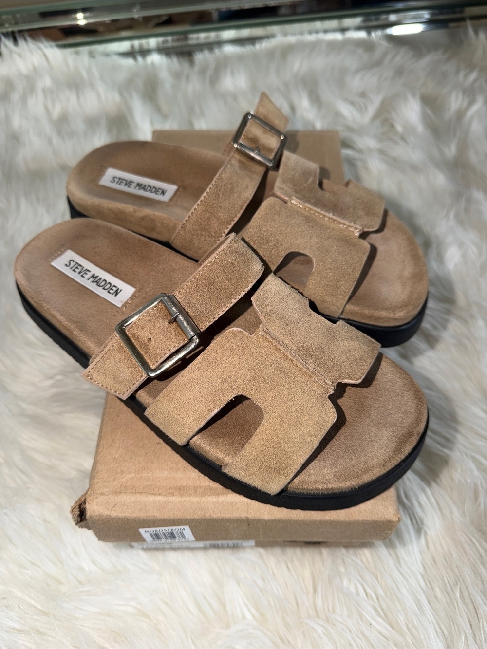 Steve Madden Mayhem Tan Suede Buckle Slide Sandals - Picture 6 of 13